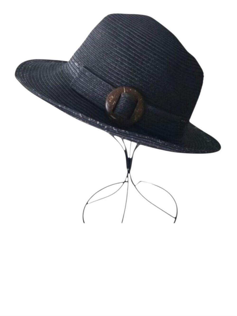 David & Young Black Straw Hat w/ Silver Threading & Wood Buckle